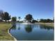 Picturesque community pond with a fountain, lush greenery, and mature trees under a clear blue sky at 20632 N 103Rd Ave, Peoria, AZ 85382