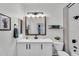 Beautiful bathroom features modern vanity, hardware, lighting, and bath/shower with designer tile at 240 W Juniper Ave # 1020, Gilbert, AZ 85233