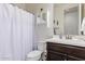 Cozy bathroom with an enclosed shower, modern vanity, and tile floors at 2747 S 85Th Way, Mesa, AZ 85209