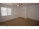 Bright bedroom with neutral carpet, a ceiling fan, and a large window for natural light at 28377 N Desert Native St, San Tan Valley, AZ 85143