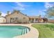Backyard view with pool, grassy area, and a covered patio at 3046 E Dover St, Mesa, AZ 85213