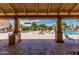 Relaxing pool view with shaded seating and clear blue water, framed by architectural columns at 1066 Leisure World --, Mesa, AZ 85206