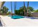 Inviting backyard pool with a cool deck, surrounded by lush greenery and tall palm trees for a tropical feel at 5211 E Winchcomb Dr, Scottsdale, AZ 85254