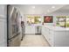 Modern kitchen with stainless steel appliances, white cabinets, tile backsplash, and view to the backyard pool at 7318 S Mcallister Ave, Tempe, AZ 85283