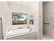 Bright bathroom showcases a luxurious soaking tub with views and a separate shower at 31825 N 141St St, Scottsdale, AZ 85262