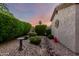 Beautifully landscaped backyard with lush greenery, decorative stones, and a charming birdbath at 4637 E Narrowleaf Dr, Gilbert, AZ 85298