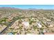 Sweeping aerial view showcases a desert estate with multiple outbuildings, a sparkling pool, and lush greenery at 8043 E Laurel St, Mesa, AZ 85207