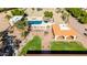 Aerial shot of backyard showcasing the landscaping, pool, and covered patio at 8043 E Laurel St, Mesa, AZ 85207