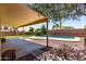 View of backyard and pool from covered patio. Backyard is surrounded by desert landscaping and block wall at 1403 W Goldfinch Way, Chandler, AZ 85286