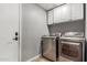 Laundry area with modern washer and dryer with white storage cabinets above and a white door at 1534 E Mineral Rd, Gilbert, AZ 85234