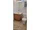 Bathroom featuring oak vanity, white toilet, and a neutral-colored tile floor that complements the space at 16021 N 30Th St # 113, Phoenix, AZ 85032