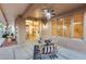 Cozy covered patio with ceiling fan and view into dining area enhances outdoor living at 17911 N Adobe Mesa Ct, Surprise, AZ 85374