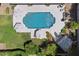 Drone view of a private backyard featuring a sparkling pool, umbrellas, and a lounge area at 7835 E Cannon Dr, Scottsdale, AZ 85258