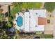 Aerial shot of the property shows a sparkling pool, umbrellas, and a well-maintained roof at 7835 E Cannon Dr, Scottsdale, AZ 85258