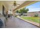Expansive backyard with a covered patio, inviting pool, mature trees, and green lawn space at 1145 E Winchester Pl, Chandler, AZ 85286