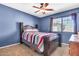 Cozy bedroom featuring blue walls, carpet, and a bed with red and black striped bedding at 21050 E Munoz St, Queen Creek, AZ 85142