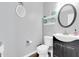 Small, modern bathroom with a vanity, toilet, and decorative shelves at 40638 N High Meadows Dr, San Tan Valley, AZ 85140