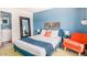 Bright bedroom with blue accent wall and unique decor at 6945 E Osborn Rd # B, Scottsdale, AZ 85251