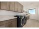 Well-organized laundry room featuring modern washer/dryer, shaker cabinets, white countertops, and a sink with a modern faucet at 8038 E Clarendon Ave, Scottsdale, AZ 85251