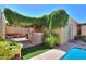 This charming backyard patio area is partially covered with lush, trailing vines, creating a serene outdoor space at 1131 N Cherry --, Mesa, AZ 85201