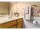 Bathroom featuring a vanity, mirror, decorative backsplash, and towel rack at 17812 W Primrose W Ln, Surprise, AZ 85374