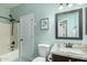 Cozy bathroom with granite countertops, single sink vanity, combination tub/shower and tile floors at 3532 W Mesquite Ave, San Tan Valley, AZ 85144