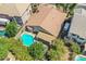 Backyard aerial view of home featuring a pool, a covered patio and lush landscaping at 45131 W Horse Mesa Rd, Maricopa, AZ 85139