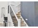 Carpeted staircase with decorative iron railings, adding elegance to the interior design at 46141 W Rainbow Dr, Maricopa, AZ 85139