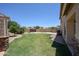 Large backyard with a well-manicured lawn, bordered by shrubbery and gravel, for a spacious outdoor area at 6712 W Miner Trl, Peoria, AZ 85383