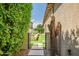Narrow side yard featuring artificial turf and desert landscaping with decorative cactus and hedging at 9255 W Los Gatos Dr, Peoria, AZ 85383