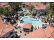 Aerial view of the community pool, spa, and seating areas surrounded by lush landscaping and residential buildings at 11375 E Sahuaro Dr # 1055, Scottsdale, AZ 85259