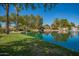 Scenic community pond view with mature landscaping, including trees and flowering shrubs, under a clear blue sky at 1751 W Mulberry Dr, Chandler, AZ 85286