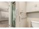 A well-lit bathroom featuring a frosted glass shower, grab bars, and neutral-colored walls at 840 E 2Nd St, Mesa, AZ 85203