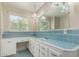 A charming bathroom with blue tile, chandelier and a large mirror reflecting natural light at 840 E 2Nd St, Mesa, AZ 85203