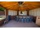 Entertainment cabana featuring a full bar, seating, TV, and a ceiling fan for ultimate backyard enjoyment at 1204 S Arroya Cir, Mesa, AZ 85206