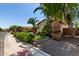 View of the home exterior with well-manicured landscaping, including palm trees, along the sidewalk at 41448 N Eliana Dr, Queen Creek, AZ 85140