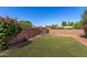 Well-manicured backyard with lush lawn, blooming bougainvillea, and a charming access gate at 8501 E Malcomb Dr, Scottsdale, AZ 85250