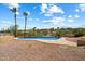 Desert oasis featuring a sparkling pool surrounded by palm trees, desert landscaping, and mountain views at 16927 E Trojan Ct, Fountain Hills, AZ 85268