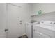 Laundry room featuring white washer and dryer, shelf with supplies, and a white door at 6515 W Hughes Dr, Phoenix, AZ 85043