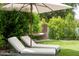 Landscaped backyard with lawn, lounge chairs, mature trees, and relaxing hammock at 8068 E Del Trigo Rd, Scottsdale, AZ 85258