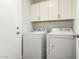 Bright laundry area featuring a white washer and dryer set with matching cabinets above at 19802 N 3Rd Ave, Phoenix, AZ 85027