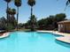 Enjoy community pool with well-maintained landscaping, palm trees and a clear blue sky at 2715 N 73Rd Dr, Phoenix, AZ 85035