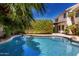 Inviting backyard pool surrounded by lush greenery and palm trees, creating a private oasis at 3821 W Barcelona Dr, Chandler, AZ 85226