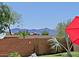Palm trees accent the backyard landscaping with block fence and desert mountain views at 42812 W Venture Rd, Maricopa, AZ 85138