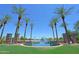 Community fountain and pond surrounded by palm trees and lush green landscaping at 42812 W Venture Rd, Maricopa, AZ 85138