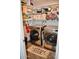 A well-organized laundry room is equipped with front loading washer/dryer and shelves for storage at 4755 E Gary St, Mesa, AZ 85205