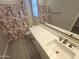 Well-lit bathroom with a shower with floral curtain, and a sleek single sink vanity at 18871 S 209Th Way, Queen Creek, AZ 85142