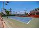 A view of the tennis court on a sunny day, surrounded by palm trees and lighting at 10124 E Michigan Ave, Sun Lakes, AZ 85248