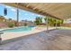Expansive backyard featuring a large covered patio, a sparkling blue pool, and lush green grass at 18819 N 49Th Ave, Glendale, AZ 85308