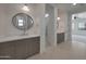 Bathroom featuring a stone counter vanity and view to bedroom and walk-in closet at 2859 E Los Altos Rd, Gilbert, AZ 85297